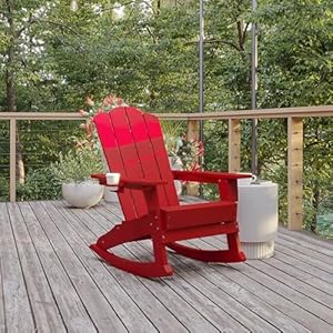 Flash Furniture Newport Adirondack Rocking Chair with Cup Holder Weather Resistant Poly Resin Adirondack Rocking Chair Red