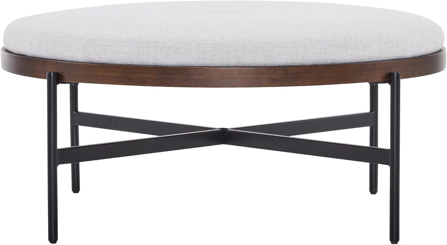 Christopher Knight Home Neapo Round Ottoman, Cocktail Ottoman, Upholstery Coffee Table, X Shape Legs, Comfortable Footstool, Durable Metal Frame, Spacious Seating for Living Room Entryway, Beige+Black