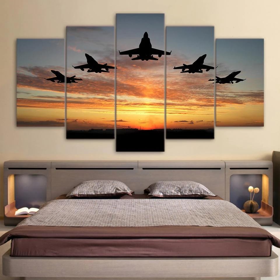 ZYCHKRL Lienzos decorativos cuadros pared lienzo F-18 Formación Al Atardecer Aviones Militares arte de pared de lienzo 5 piezas cuadros decoracion salon modernos cuadros para dormitorios