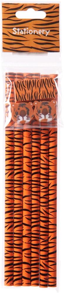 6 Animal Print Pencils and Erasers - Tiger
