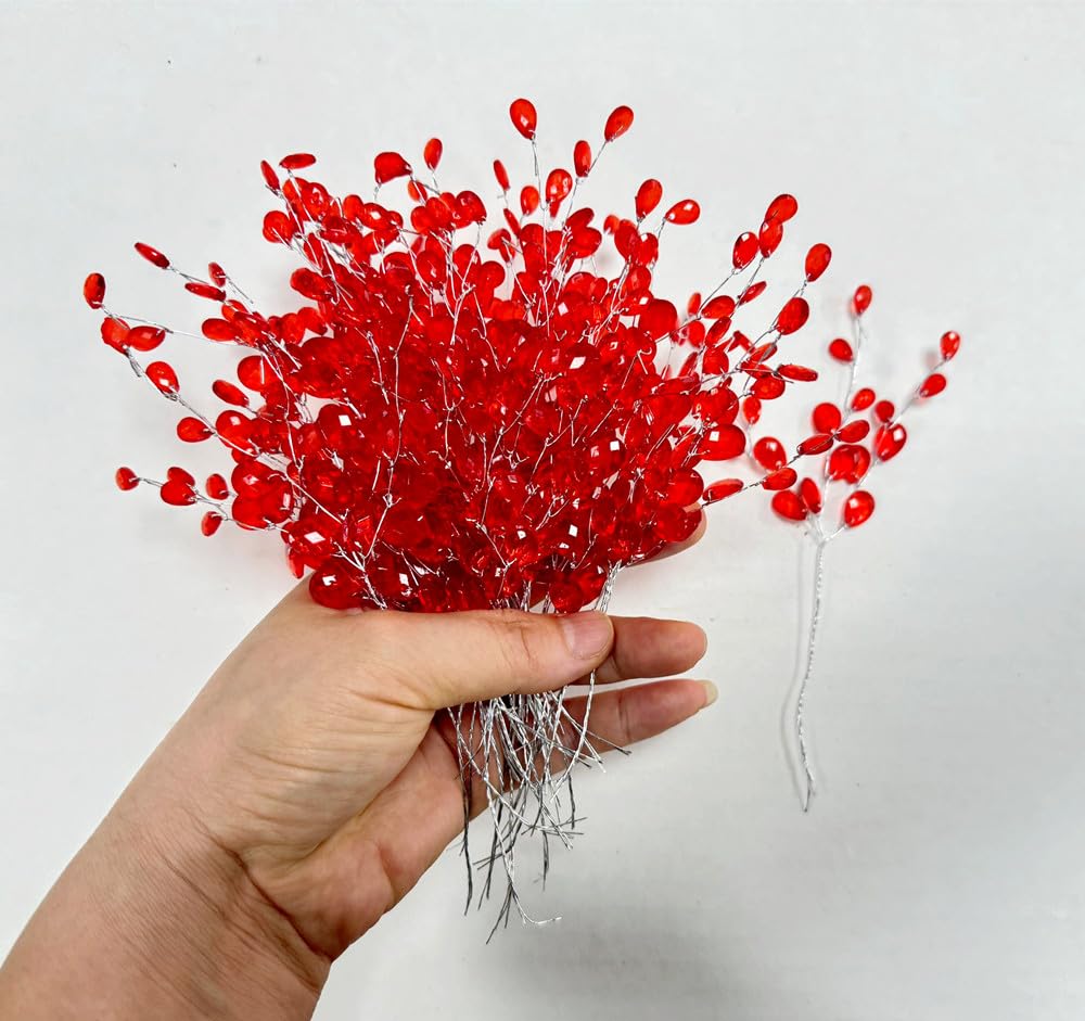 Rikyo Red 30Pcs Acrylic Bead Drop And Soft Stems Floral Picks,Mini Berry Beaded