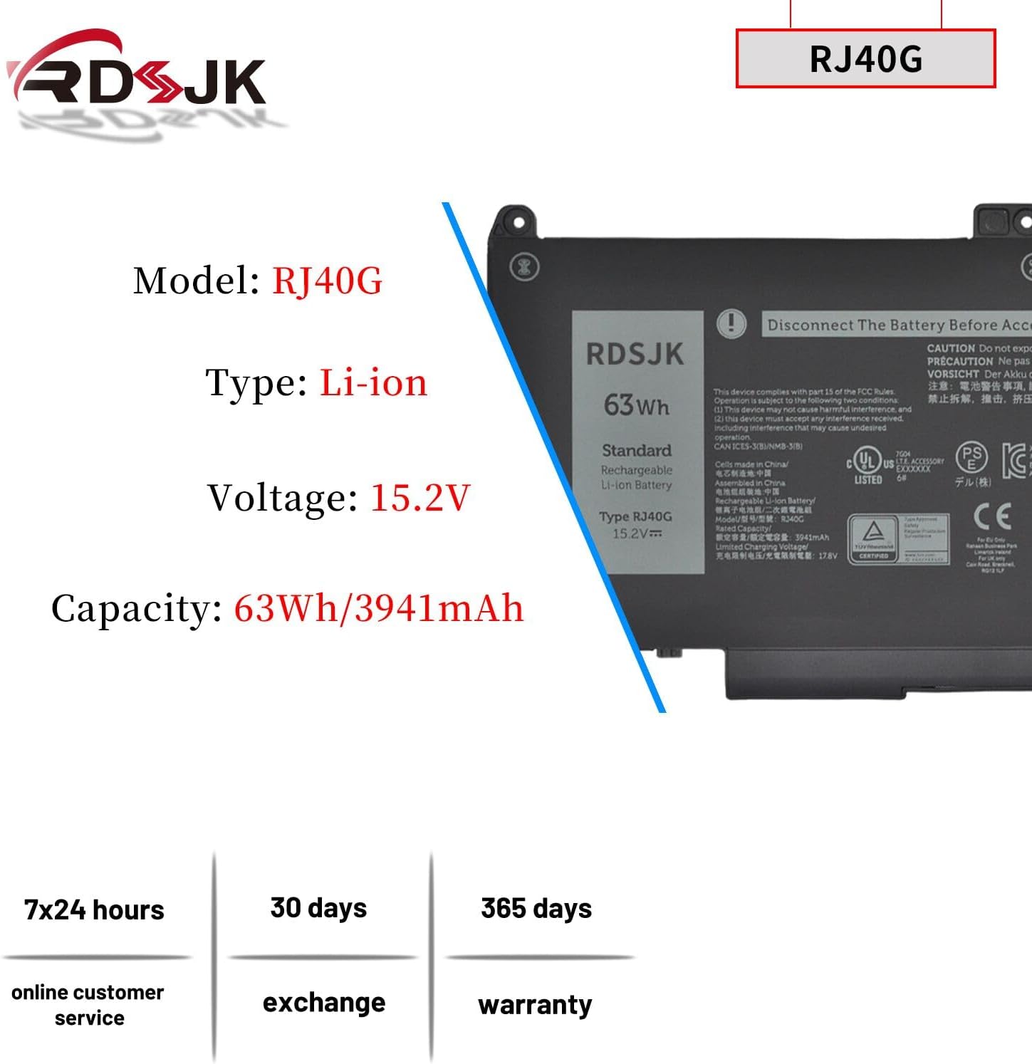 RJ40G 63Wh Laptop Battery for Dell Latitude 14 5420 Latitude 15 5520 Precision 15 3560 F3T9T Series P137G P137G001 P104F P104F001 P104F002 M033W 01K2CF 075X16 WY9DX 0WK3F1 0M3KCN 005R42 15.2V 3941mAh
