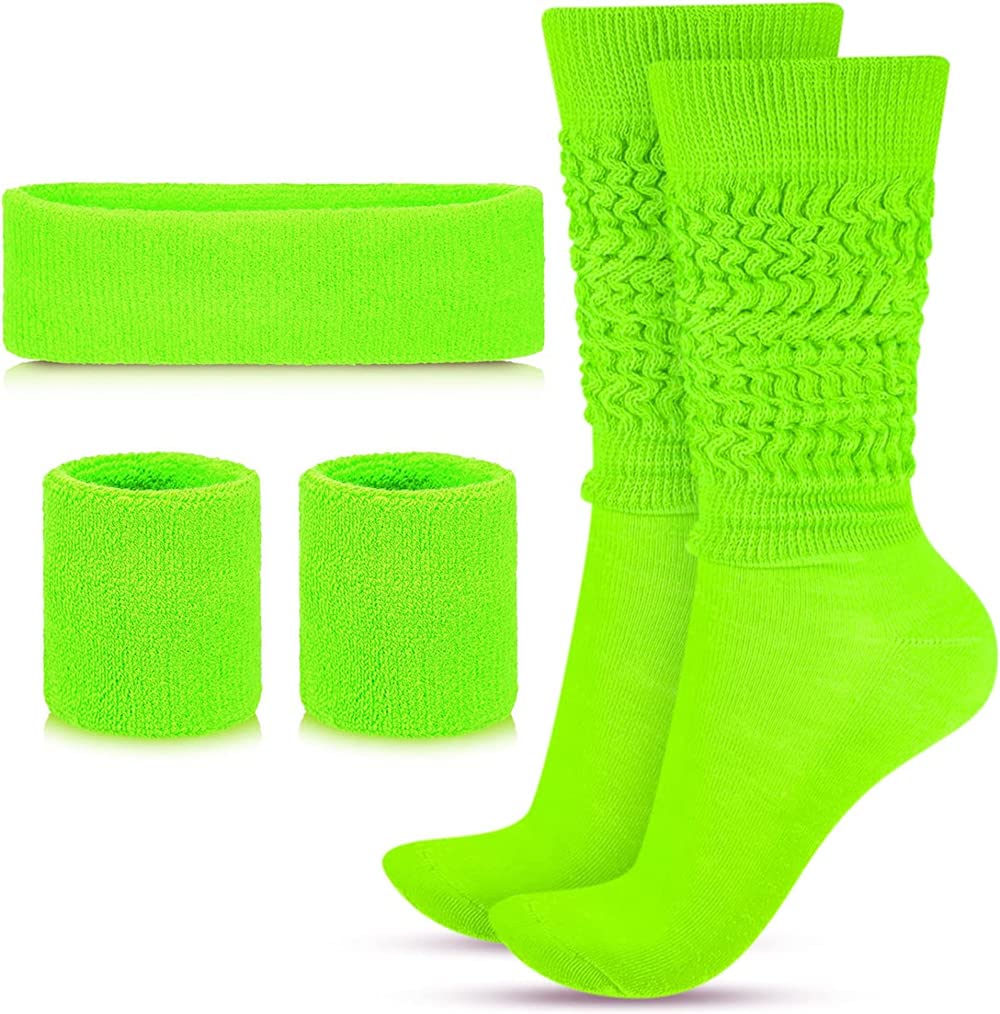 80s Neon Costumes Accessories Set, Slouch Socks Sweatband Headband Wristband, for Women Girl Cosplay Party