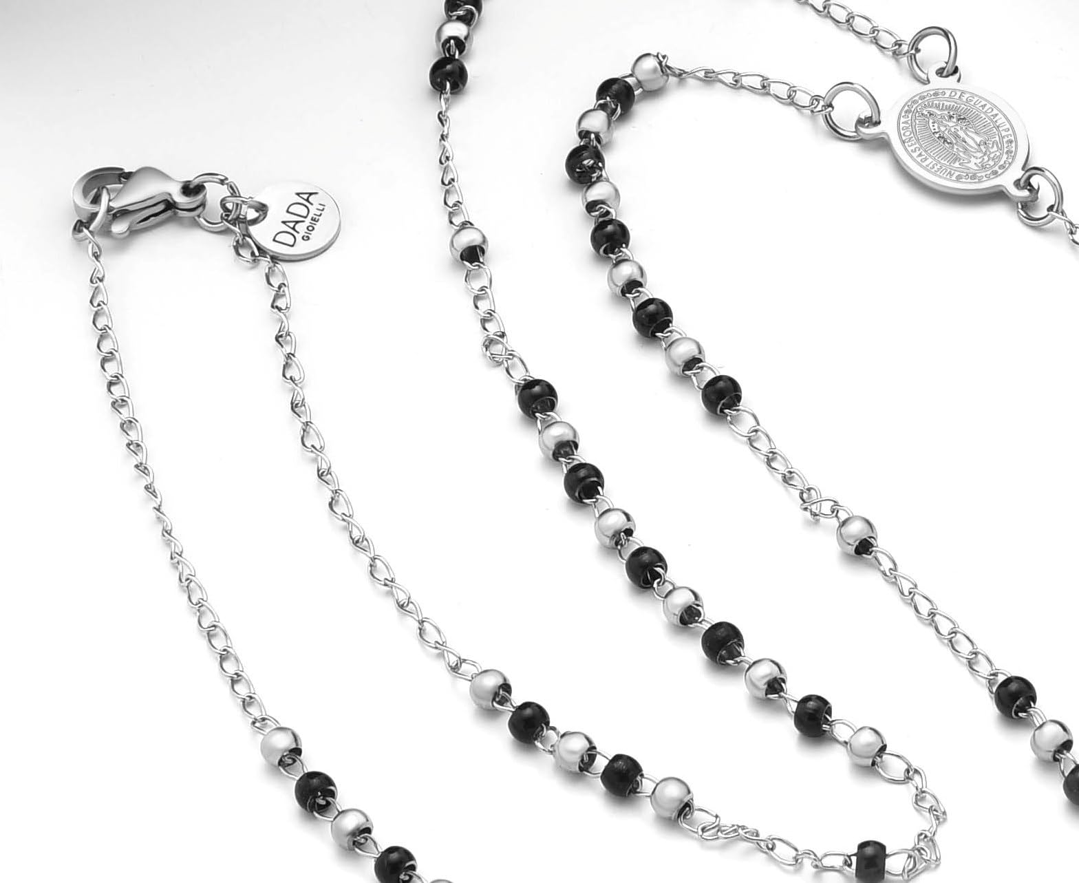 Dada Gioielli - Collana Rosario Uomo Donna Sfere Acciaio Argentato e Nero. Rosario moderno con medaglietta Madonna Miracolosa e croce