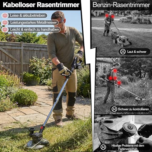 SMILOVII Rasentrimmer mit Akku 21V, 4-in-1 Freischneider & Motorsense 24000 RPM, Rasenkantenschneider inkl. 2X 2.0Ah Batterien, Rädern, 90° drehbarer Kopf & LCD-Anzeige (Profi-Serie)