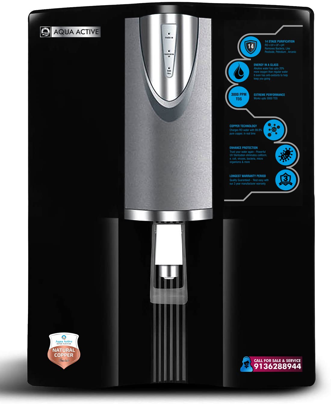 Ultraviolet Reverse Osmosis Filtration System – 14 Stage RO UV Purifier with 15 Liter/hr – 100 GDP with Spun and prefilter Housing-Copper binding pump