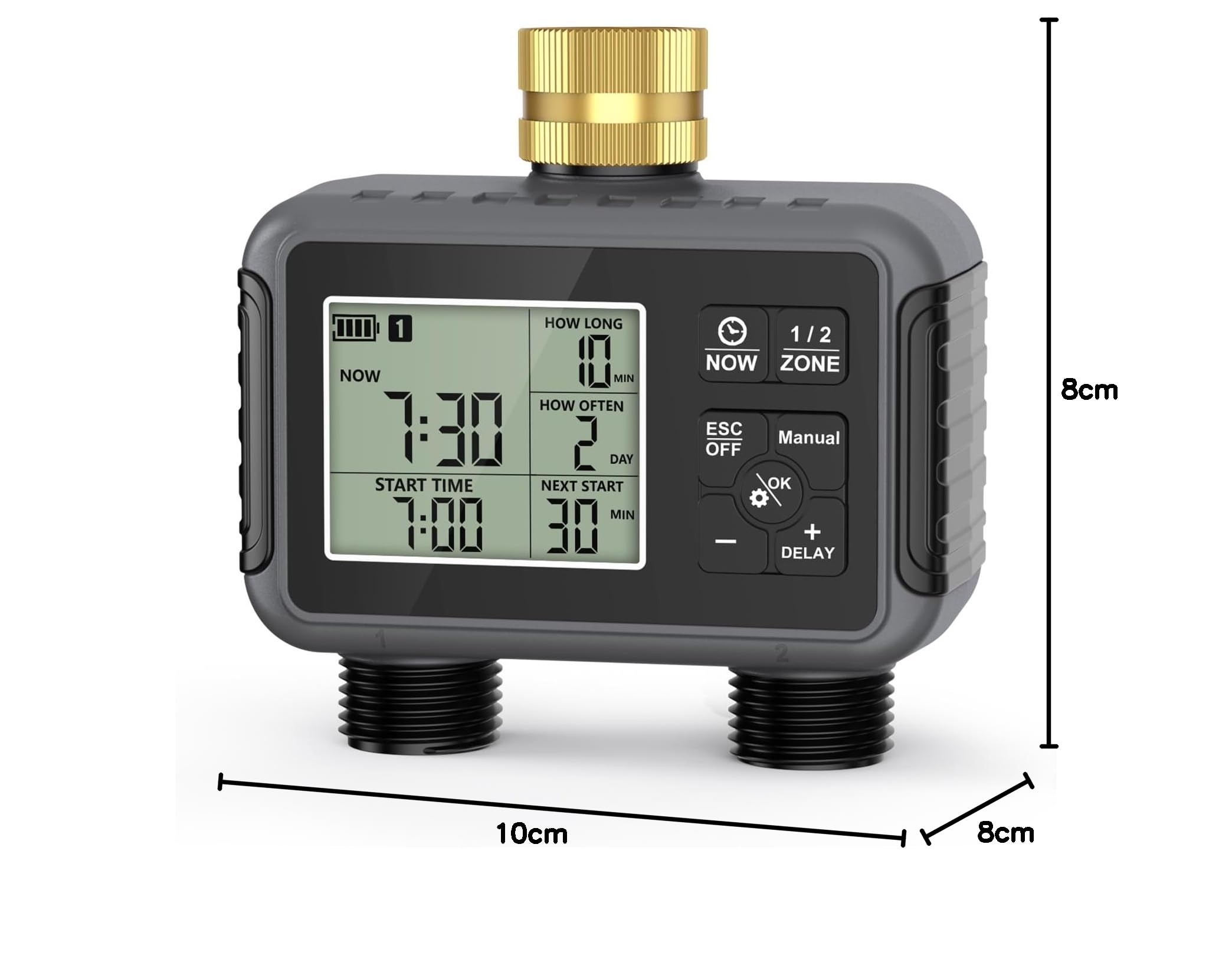 RIOGOO Temporizadores de Grifo para Manguera de jardín Exterior, Temporizador programable para aspersores con retardo por Lluvia (2 Outlet Water Timer)