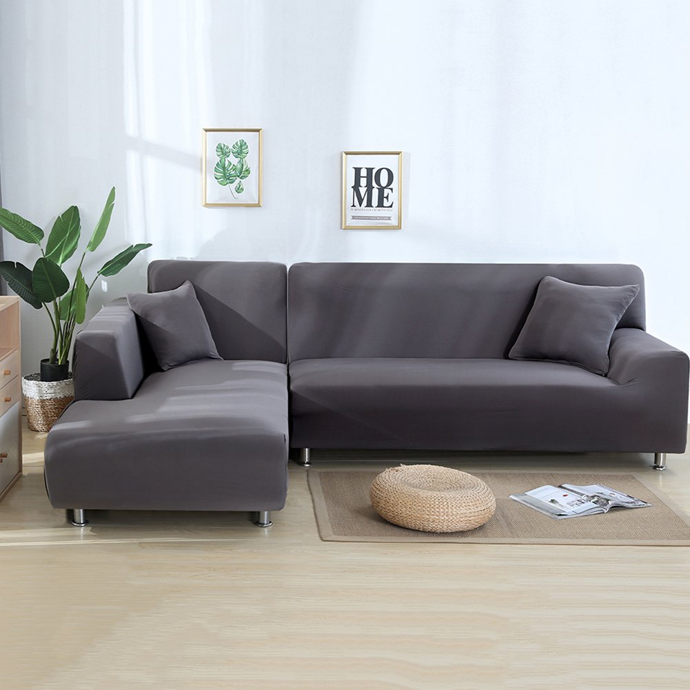 MIFXIN L Shape Sofa Cover 2 Pcs Stretch Slipcovers for Sectional Couch L-Shaped Sofa Furniture Protector Covers for Kids Pets with 2Pcs Pillow Covers (Dark Gray)