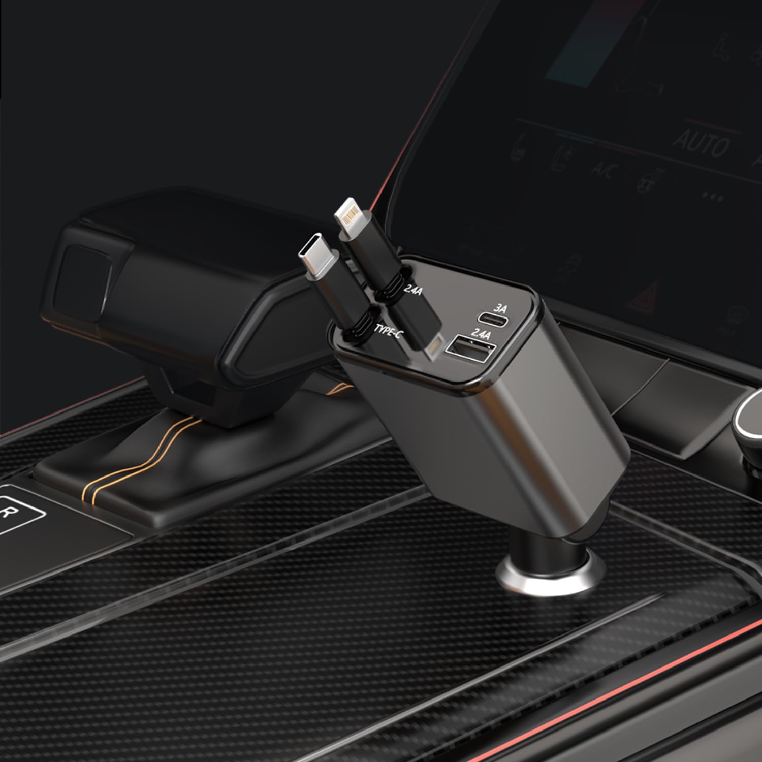 4 in 1 Retractable Car Charger, 69W Fast Car Phone Charger with Retractable Cables and USB C & USB A Port Car Charger for iPhone 16/15/14/13/12/11, S23/S22/S21/Pixel7,USB C & USB A Ports