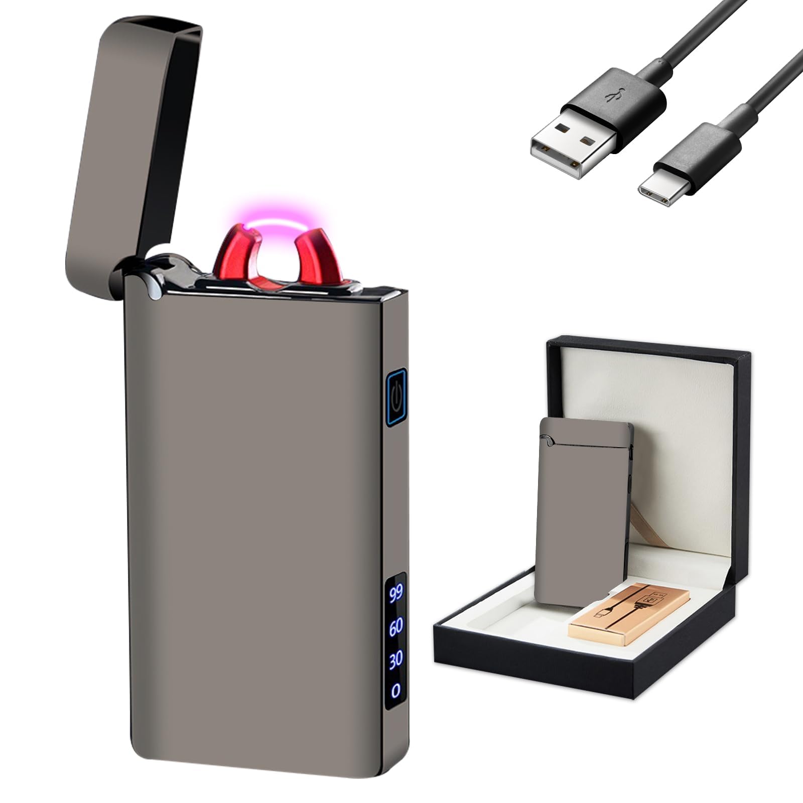 Gadatop Men's Noble Titanium Electric Lighter, Usb Rechargeable Plasma Lighter For Him, Cool Lighters For Windproof Electronic Arc Lighter With Led Display & Sos Flashlight, Professional Fire Lighters Gift (Gray)