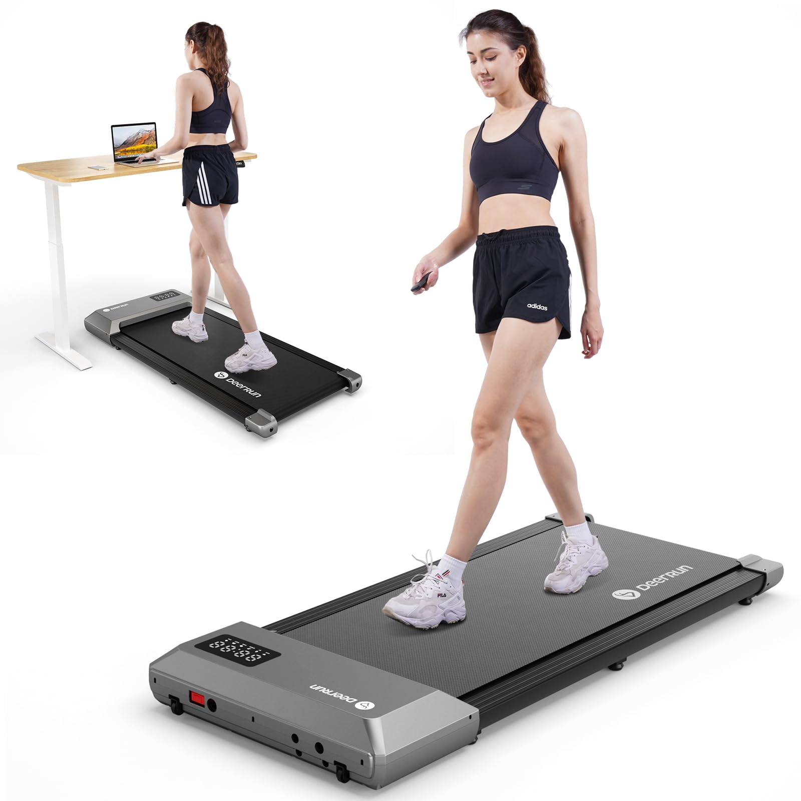 DeerRun Under Desk Walking Pad Treadmill with 6% Manual Incline, 0.6-3.8 MPH Walking Speed, 2.5 HP, 300 lb Capacity, App & Remote Control, for Home Office & Small Spaces