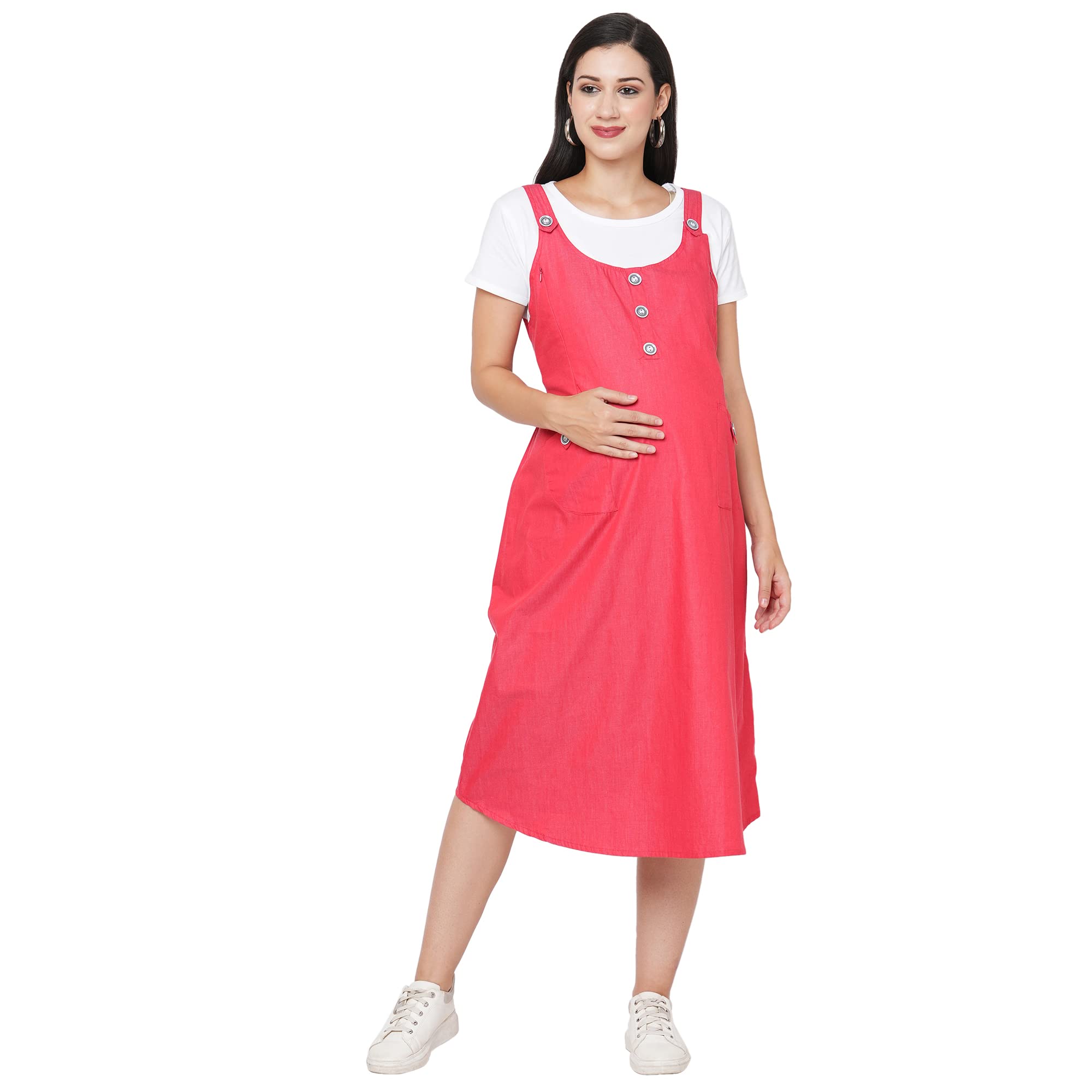 mom's bee Womens Plain Maternity Dress with Cotton Denim Fabric, Easy Breast Feeding Dress, Dress with Zippers for Nursing Pre and Post Pregnancy Pink-picture-15