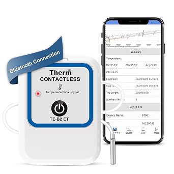 ThermElc TE-B2 ET Bluetooth Temperature Data Logger with External Probe, EN12830 Compliant, PDF/CSV Report MKT Calculation, Reusable wireless Clinical Trial Recorder for Lab Pharmacy Fridge Freezer