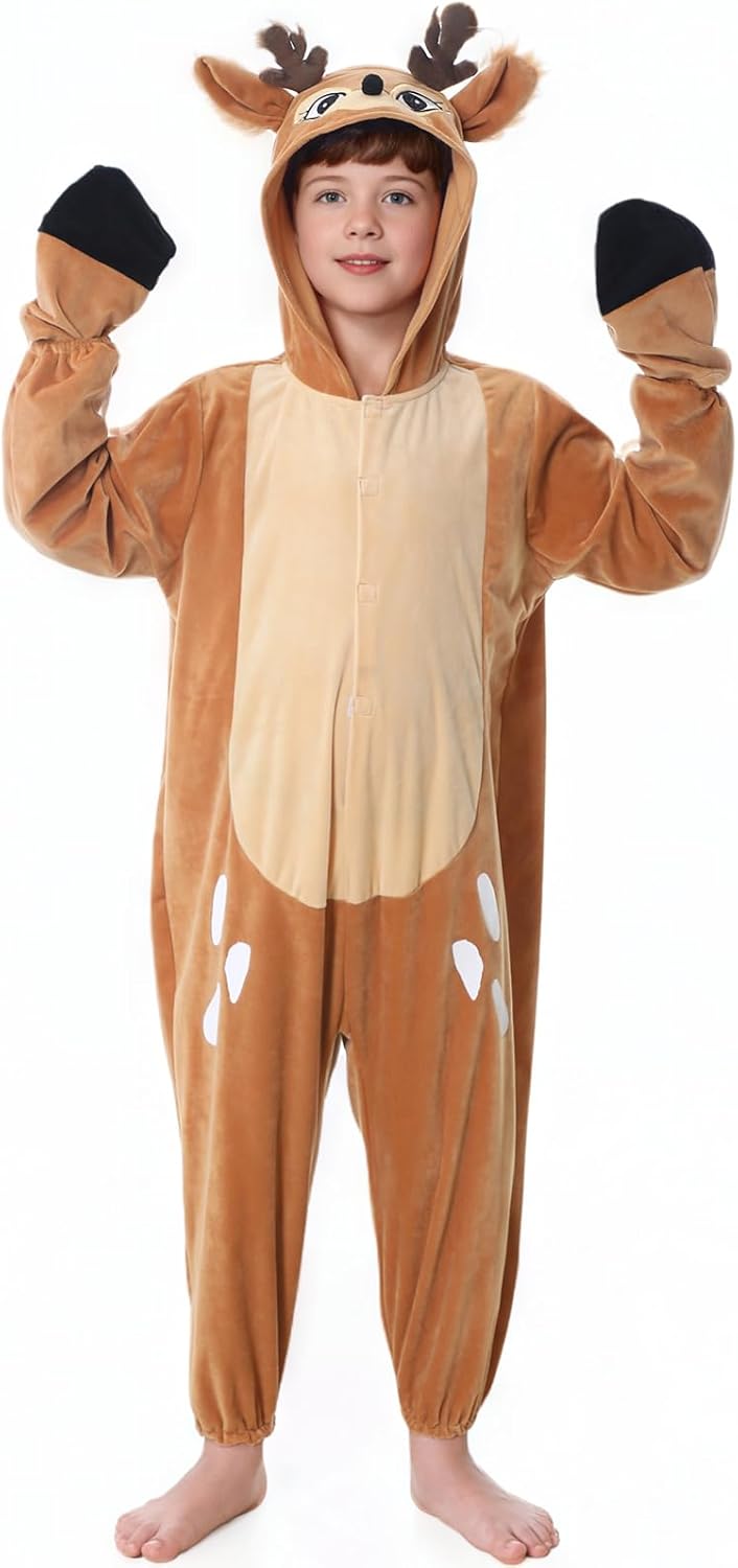 GRAJTCIN Kids Reindeer Costume Deer Onesie Halloween Animal Jumpsuit Christmas Party Outfit for Boys Girls