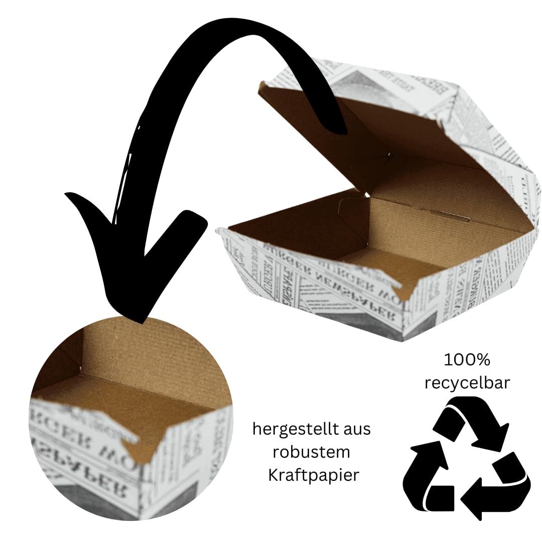 Enpack Burger-Box in Weiß aus Kraftpapier - 13,5 x 13,5 x 7,5cm Snackbox mit Klappdeckel - Beschichteter Einmalbehälter mit Druck für Burger, Snacks und Chips