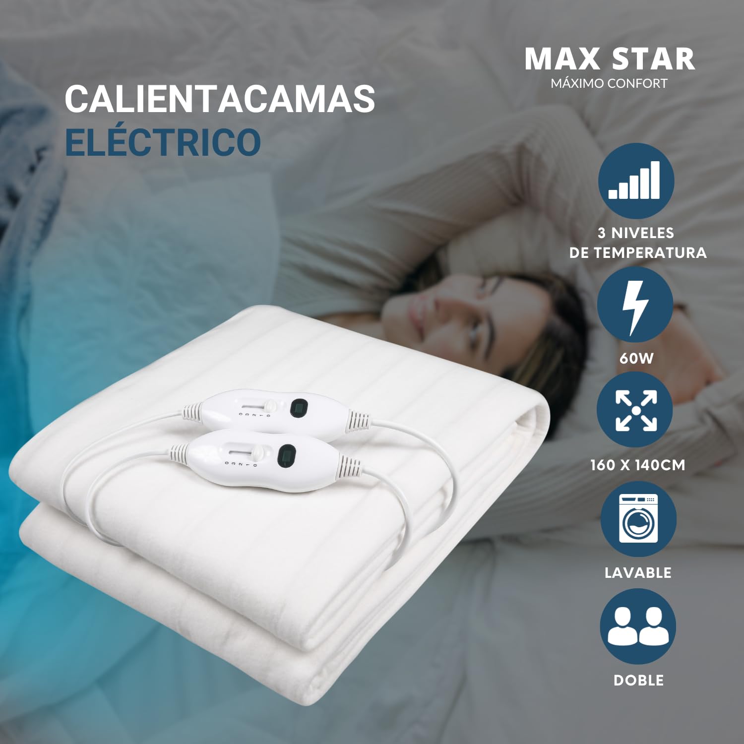 Max Star Calienta Camas Electrico Doble 160 x 140cm 3 Niveles de Calor 60W Proteccion sobre-Calentamiento Apto para Lavadoras Cubre Colchon Manta Electrica Grande (Doble 160 x 140cm)
