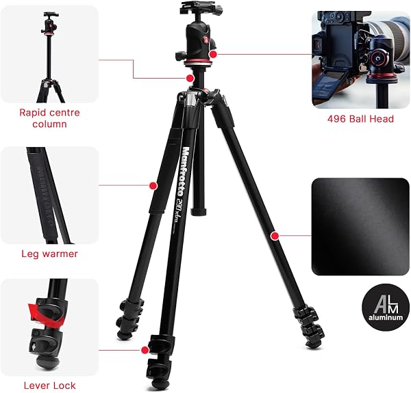 Manfrotto 290XTRA Trépied Appareil Photo Aluminium avec Rotule 496, 3 Sections, 4 Angles, Verrouillage Rapide, Plaque Arca-Swiss, 10 kg, Sac, pour Reflex, Hybride, Caméra Compacte - 2