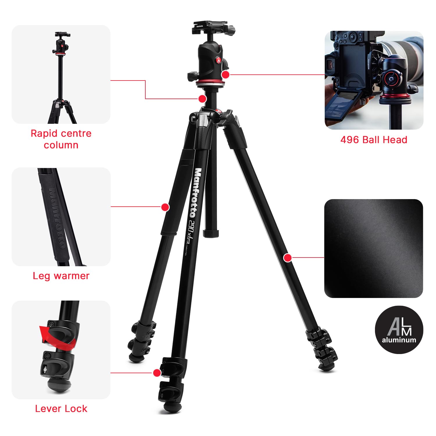 Manfrotto 290XTRA Trépied Appareil Photo Aluminium avec Rotule 496, 3 Sections, 4 Angles, Verrouillage Rapide, Plaque Arca-Swiss, 10 kg, Sac, pour Reflex, Hybride, Caméra Compacte - 3