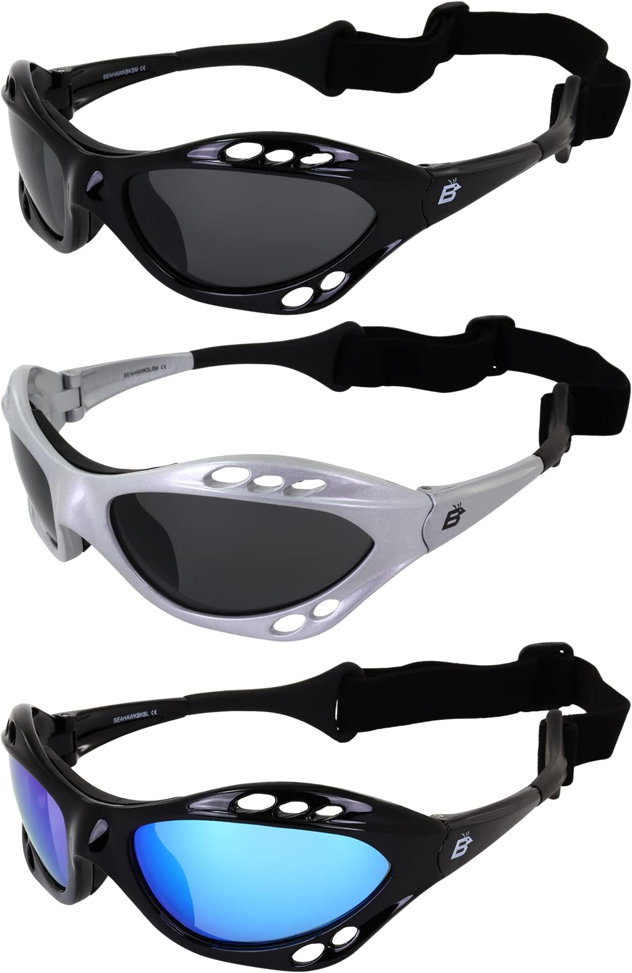 Birdz Eyewear Seahawk Polarized Sunglasses for Watersports Jet Ski Surfing Kayaking 3 Pairs Black & Silver Frames w/Smoke Lenses & Black Frame w/Blue Lens