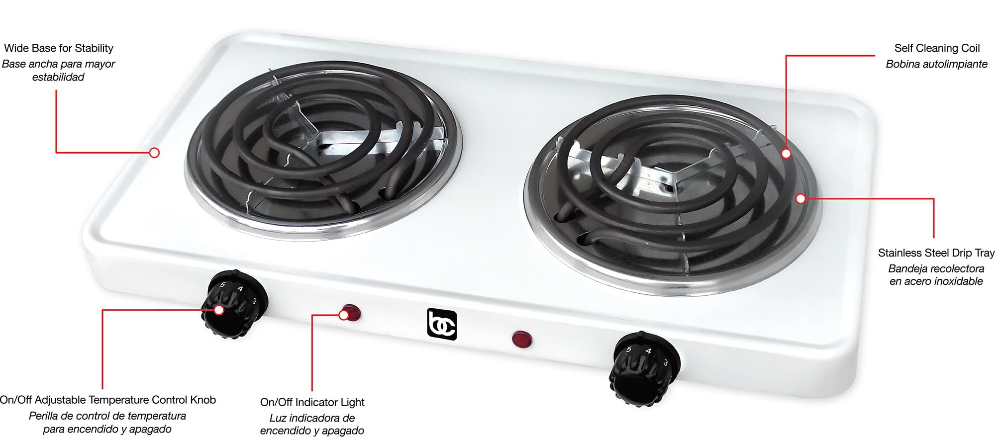 Bene Casa Double Electric Burner in White, Double Burner coils, Portable Double Electric Burner, Dual Controls, Stainless Steel Drip Tray.