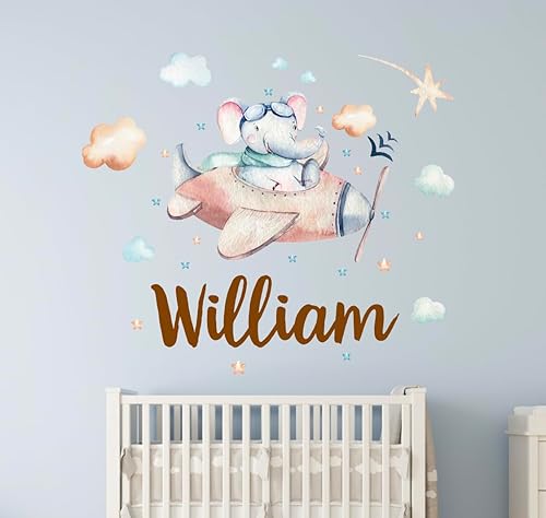 Miniatura 4 de Calcomanías de pared personalizadas con nombre de avión de elefante, para dormitorio de niños, calcomanías de pared de nubes de selva de aviones,