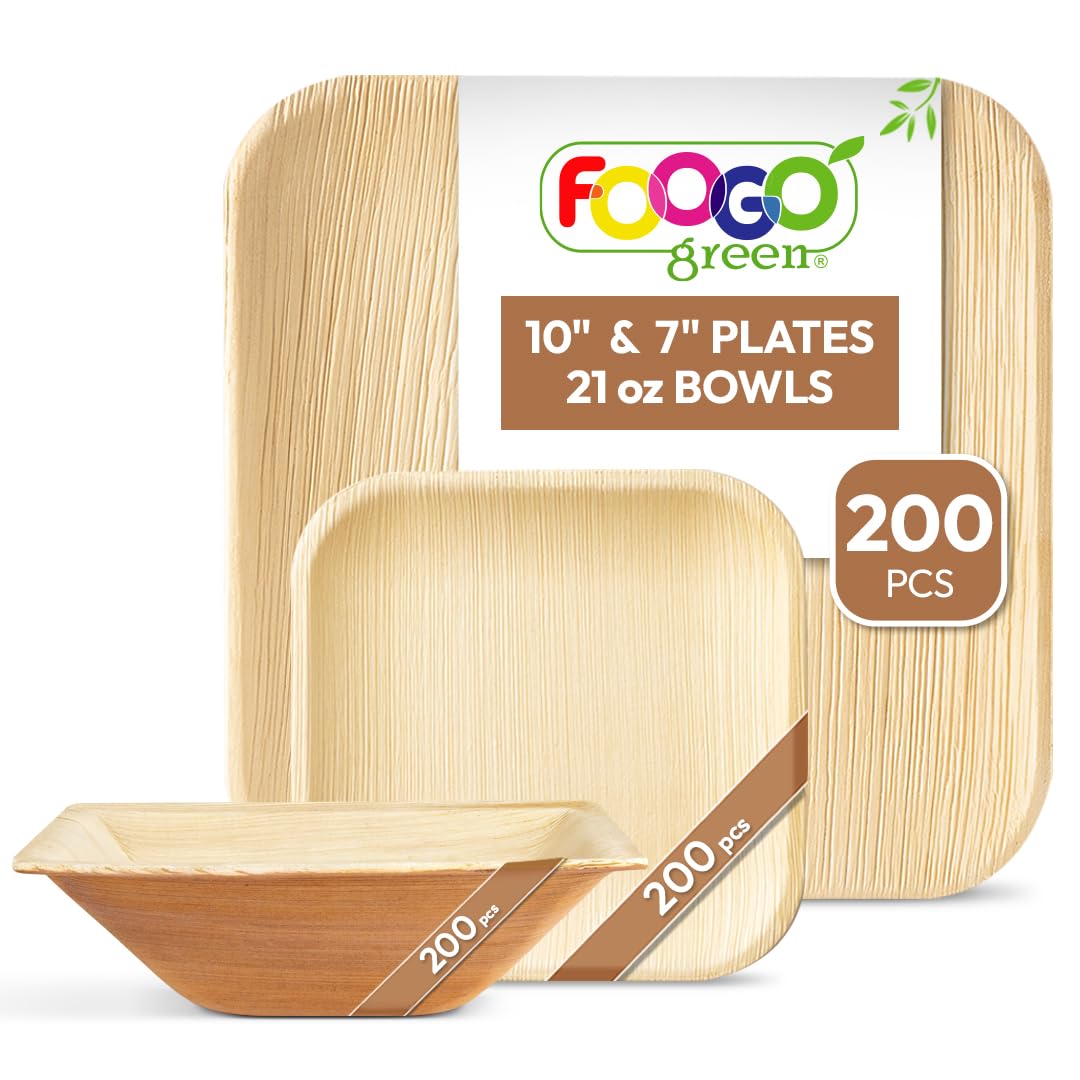 FOOGO Green 600pcs Disposable Palm Leaf Plates and Bowls, 200x Large Square, 200x Small Plates, 200x Bowls, Disposable Bamboo, Biodegradable, Strong Paper Party, Picnic, Camping