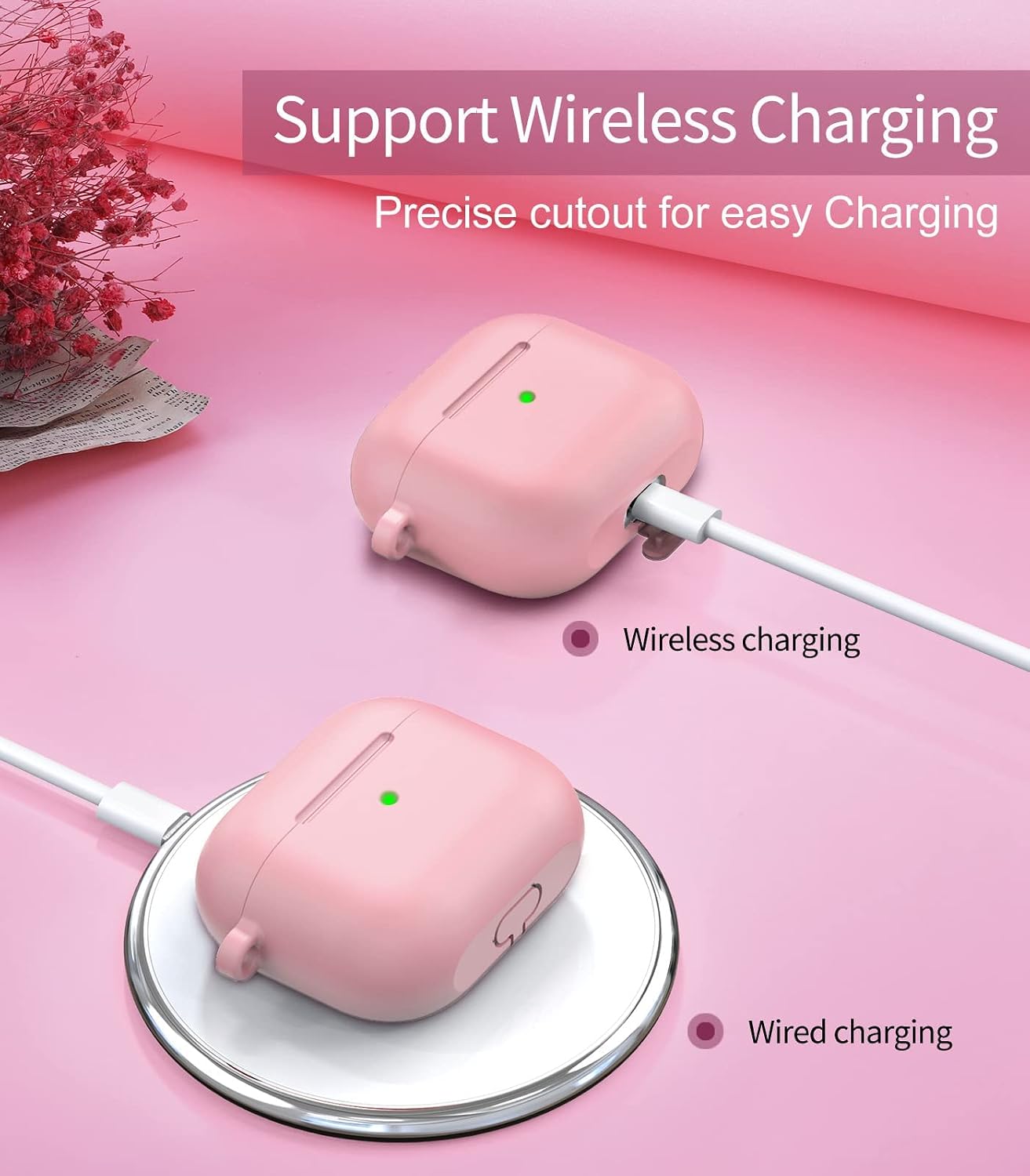 OULUOQI for AirPods 3 Case Cover (2021 Version), Soft Silicone Case with Fur Ball Keychain for Girl,Women, Shockproof Protective Cover for AirPods 3 gen Charging Case [Visible Front LED]-Light Pink