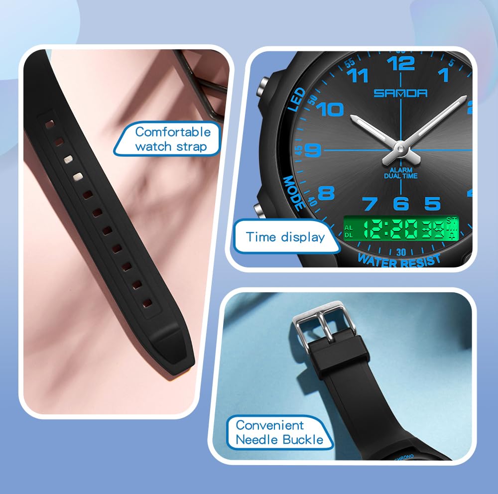 Gosasa Orologio sportivo da uomo e donna, analogico, digitale, doppio fuso orario, impermeabile fino a 50 m, sveglia, cronografo, retroilluminazione a LED, in silicone