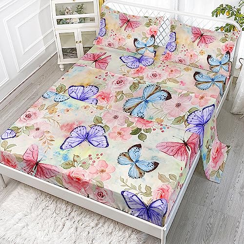 Datura home Bedding Fitted Sheet and Flat Sheet Set 4Pcs Butterfly Flower Printed Bedding Set with 1 Flat Sheet and 1 Fitted Sheet + 2 Pillowcases for Girls (Butterfly Flower Queen)