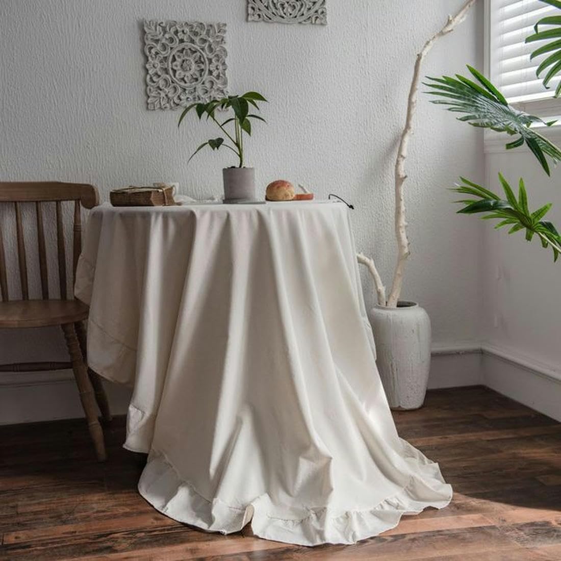 QQLADY French Simple Ruffle Tablecloth Cotton Linen Table Cover Round Tea Table Literary Retro Party Decoration