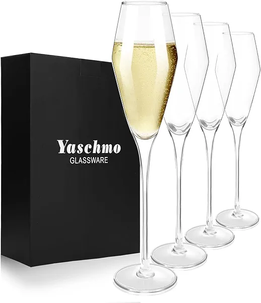 Yaschmo Champagne Flutes Glasses Set of 4, 8.4 oz Hand Blown Crystal Wedding Flutes, Elegant Tulip Glasses - Ideal Gift for Wedding, Anniversary,Christmas Day (4 Count (Pack of 1))