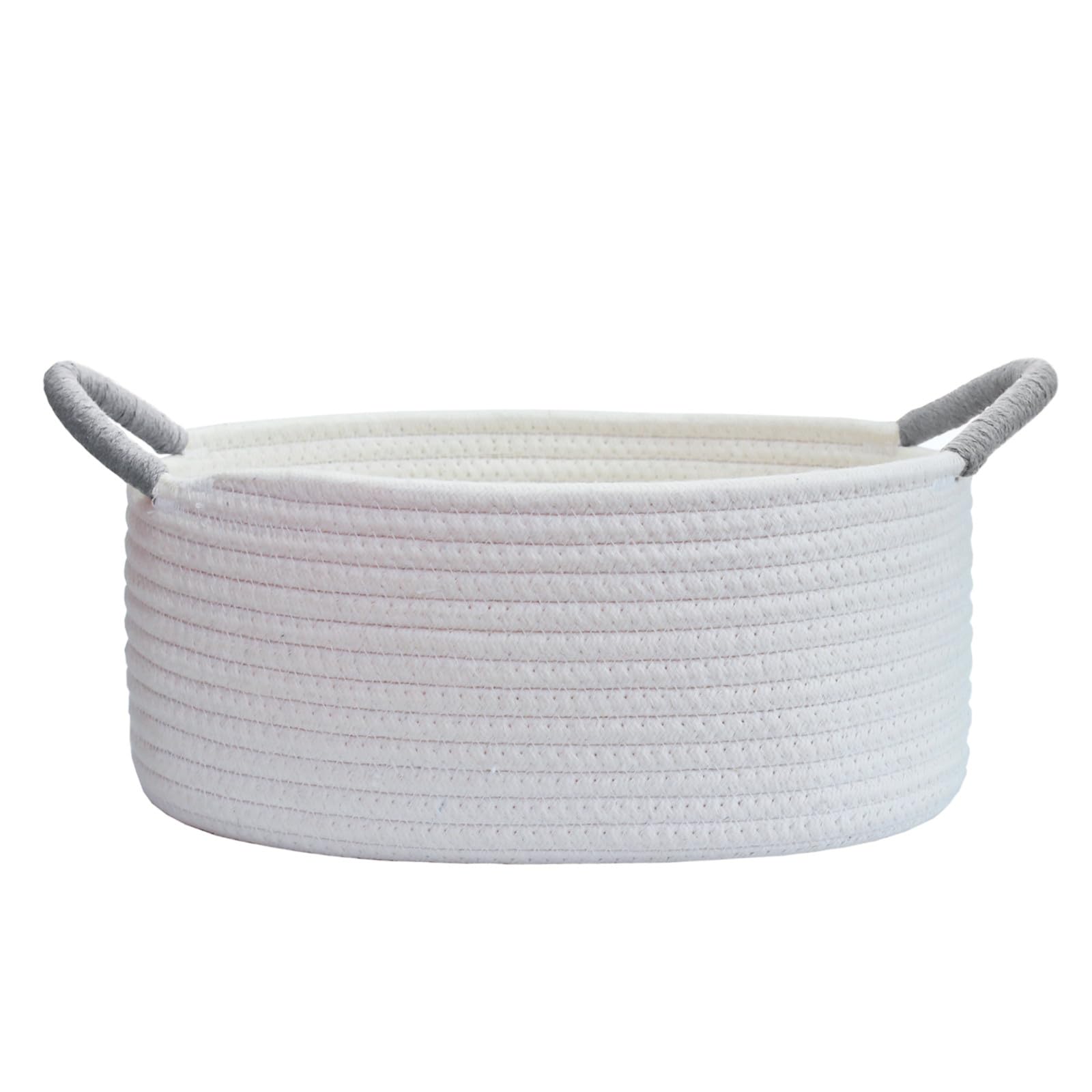 Yimi's Dream White Cotton Rope Gift Basket with Gray Handle, 12 x 8 x 5 in | Oval Woven Small Basket for Gifting, Baby Shower, Nursery, Cat or Dog Toys, Shelves, Birthdays, and Shelves Home Décor