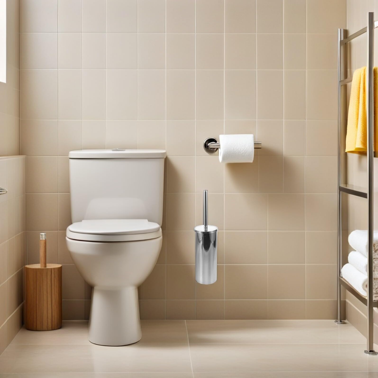 IMIKEYA Escobilla de Inodoro de Montaje en Pared de Acero Inoxidable Soporte Antigoteo, Cepillo de Baño Plateado de Mango Largo para Limpieza Profunda, Kit para Baño Hogar y Oficina