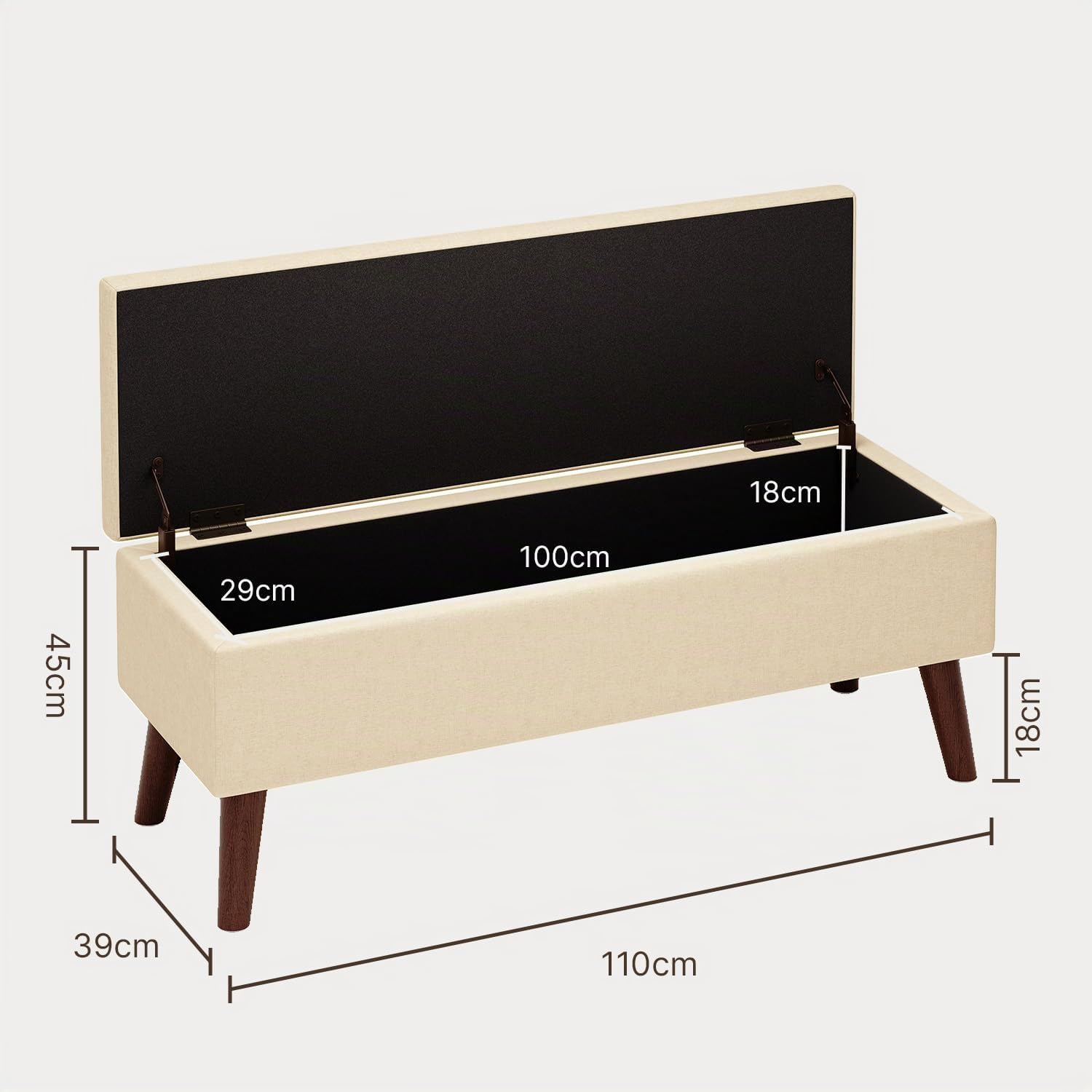 Banco Almacenamiento Baúl Puff Tapizado 110 cm Beige | Tapizado Aspecto Lino, Estructura Robusta y Estable, Ideal para Dormitorio, Pasillo y Salón