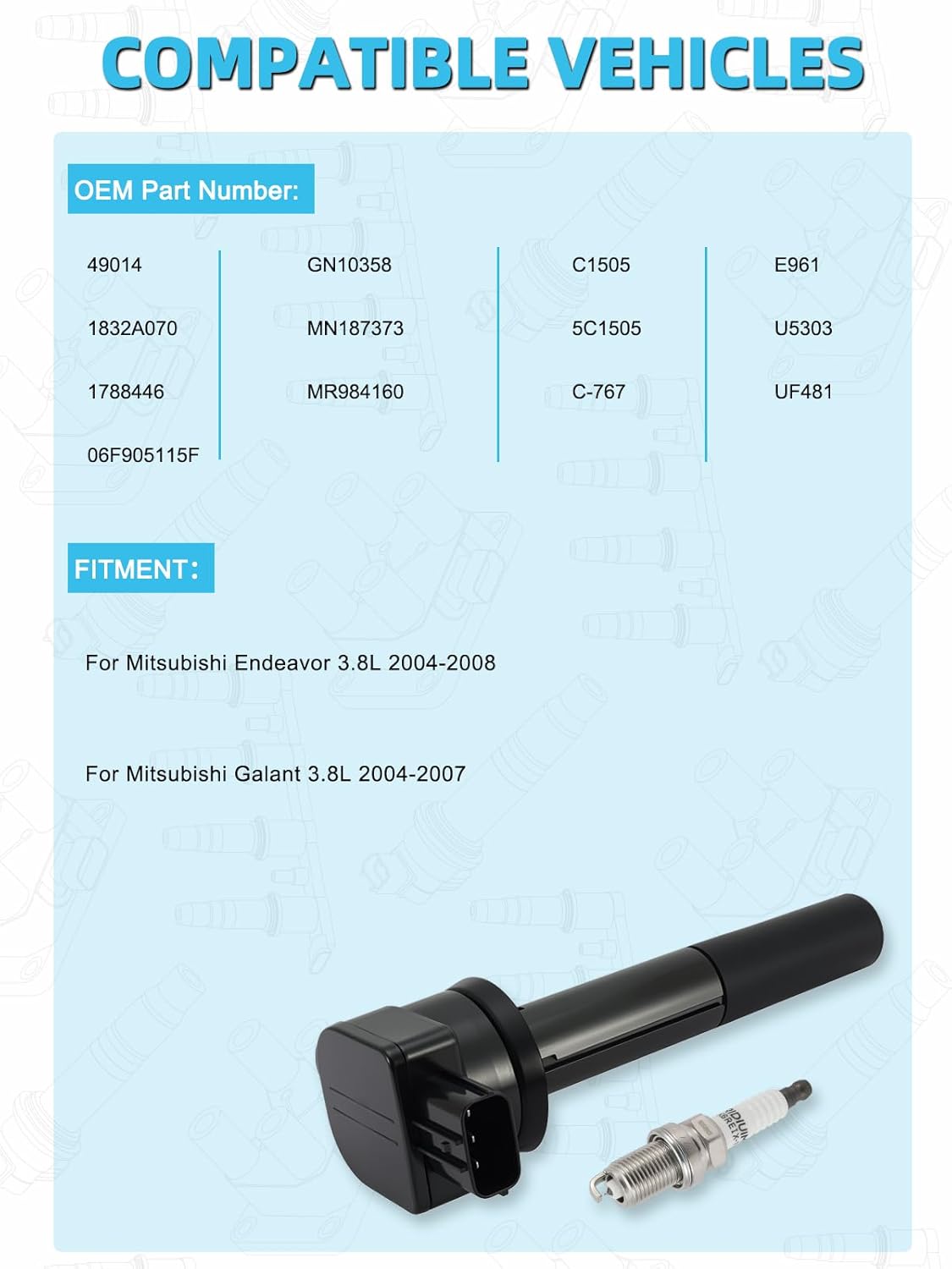 Set Of 6 UF481 Ignition Coil Pack & Iridium Spark Plugs (3.8L Only) For Mitsubishi Endeavor 2004-2008, Galant 2004-2007, Replace # U5303 GN10358 1832A070