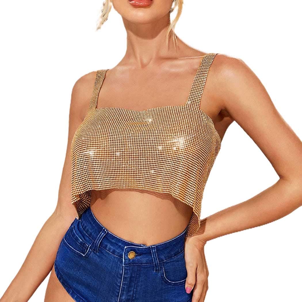 Yokawe Crop Tops Gold Sparkly Rhinestone Tube Top Sleeveless Y2k Tank Top Party Rave Clubwear for Women