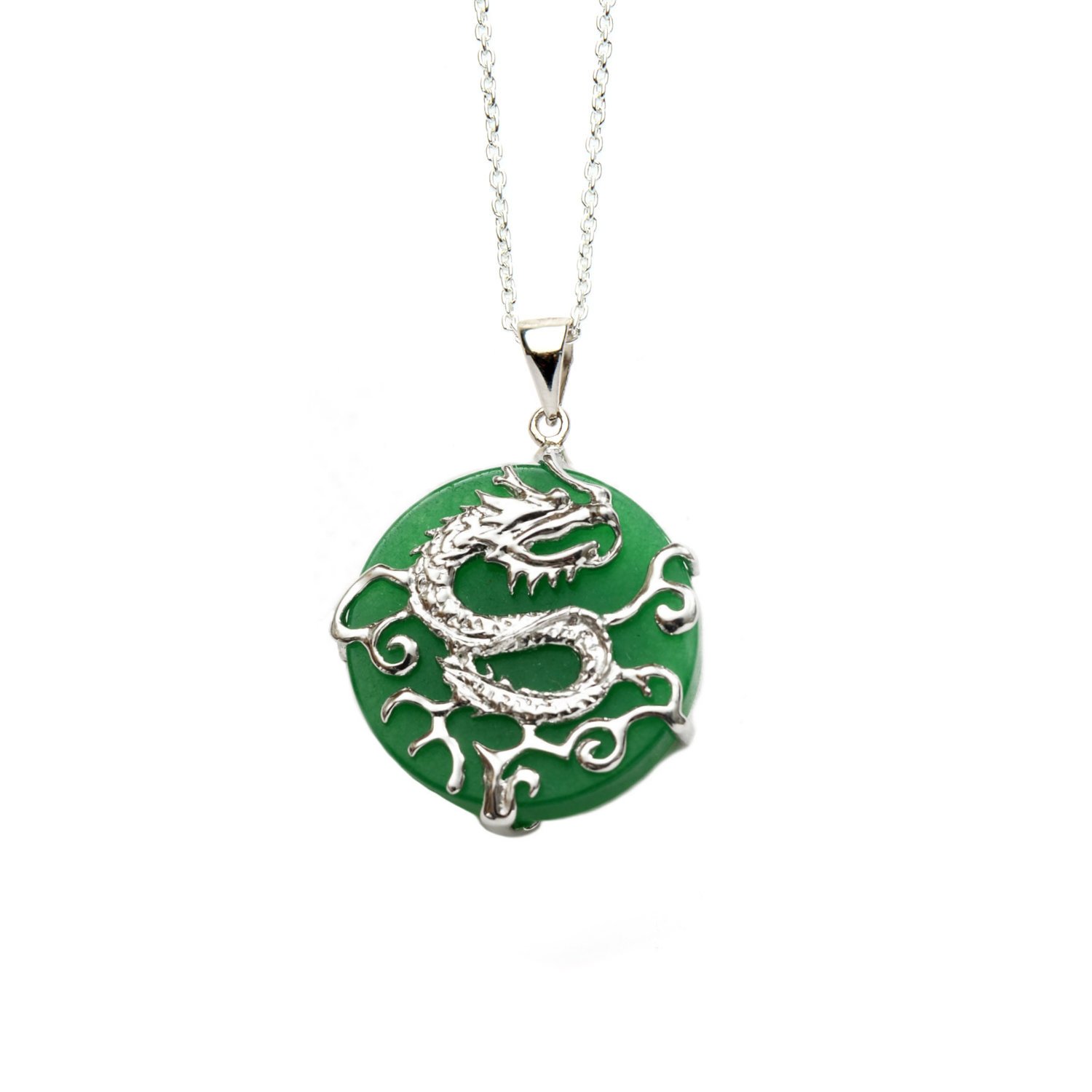 Anderson and WebbGreen Jade Dragon Ornament Pendant with 18" Silver Chain, Women's Pendants & Coins, Natural Genuine Jade, Silver Accents, Elegant Women's Pendants in Gift Box