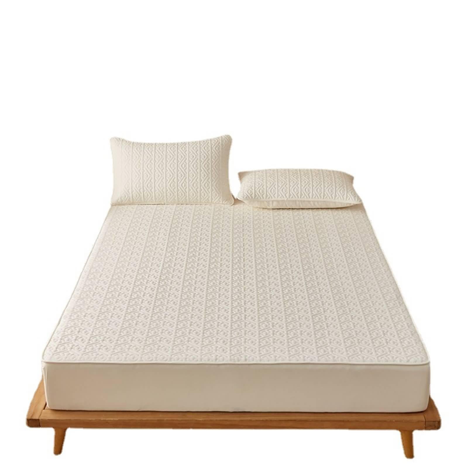KnSam Spannbettlaken Baumwolle Allergiker, Einfarbig mit Geometrisch Muster Spannlaken, Textilien Klassische Tagesdecke Betthusse Beige Weiß Unterbett als Schutz für Matratze, 180x200cm