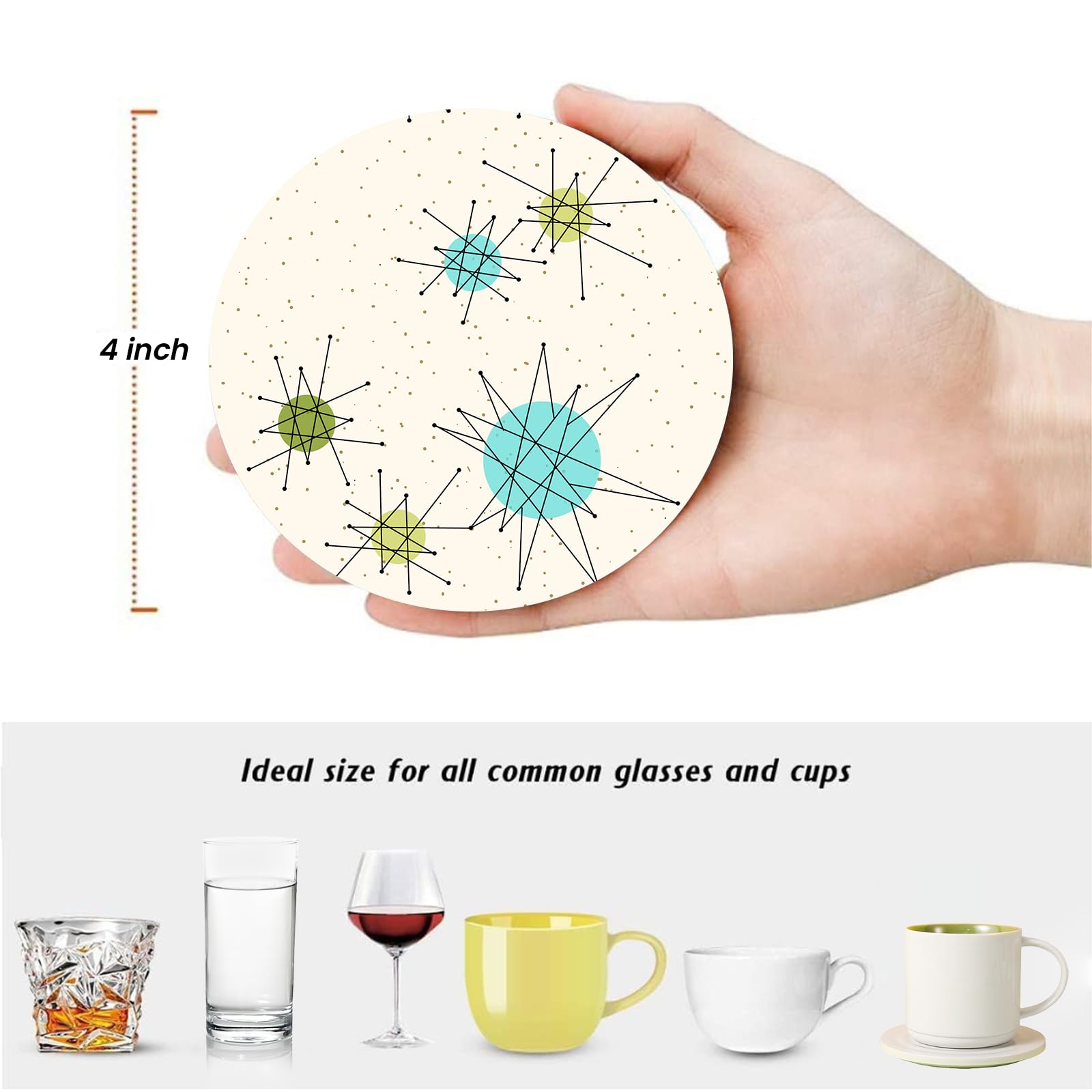 Juego de 6 posavasos redondos de piedra de cerámica absorbente con soporte de metal, modernos posavasos geométricos con base de corcho para cocina, sala de estar, oficina, fiestas, regalos
