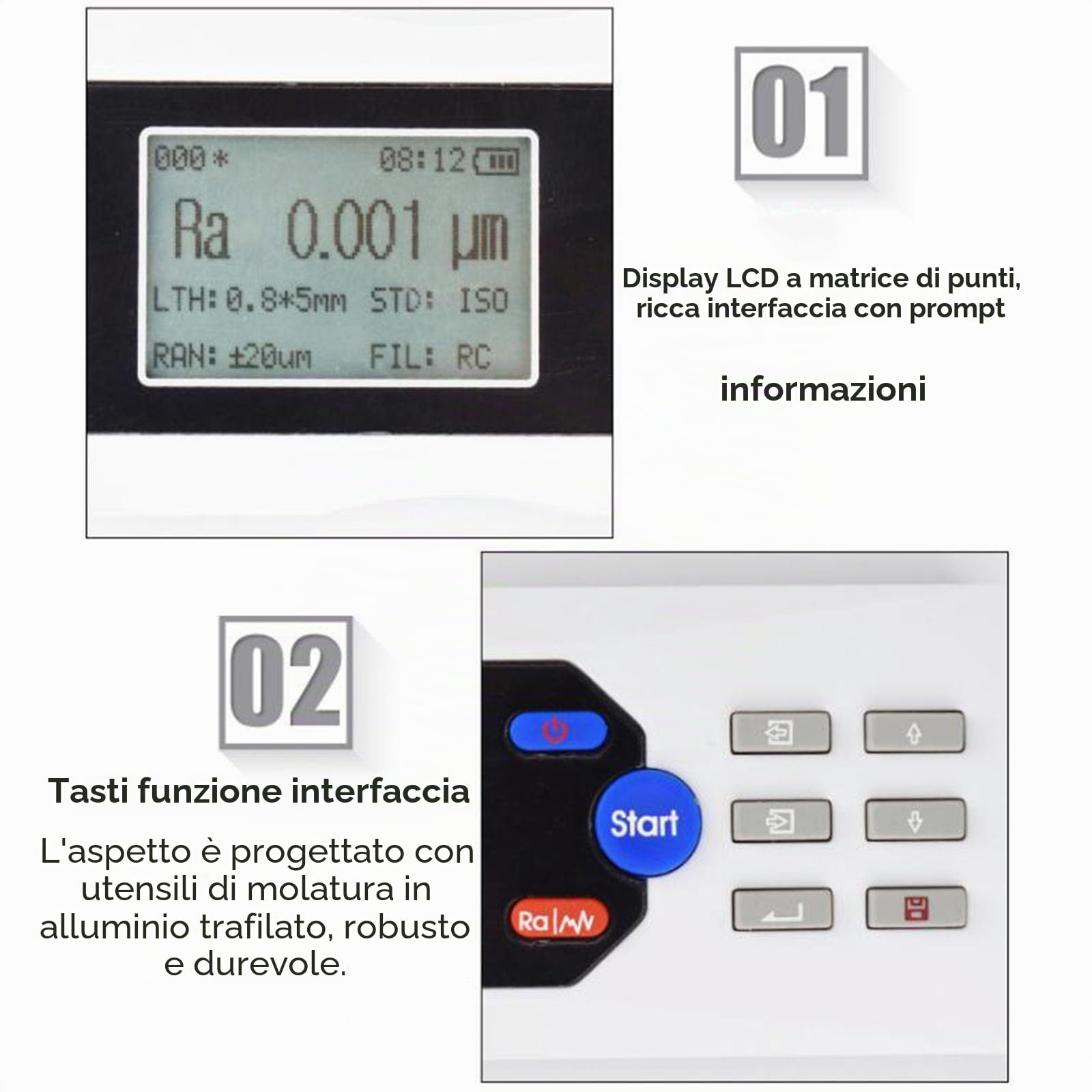 COYEUX Rugosimetro Digitale, Campo di Misura 160 μm, precisione 0,001 μm, con Display LCD e sonda diamantata, per superfici Metalliche