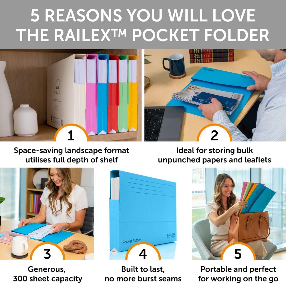 Railex Pocket Folder Foolscap Document Wallets, Turquoise Folders Pack of 10 for Paperwork A4 and A4+ - Image 2