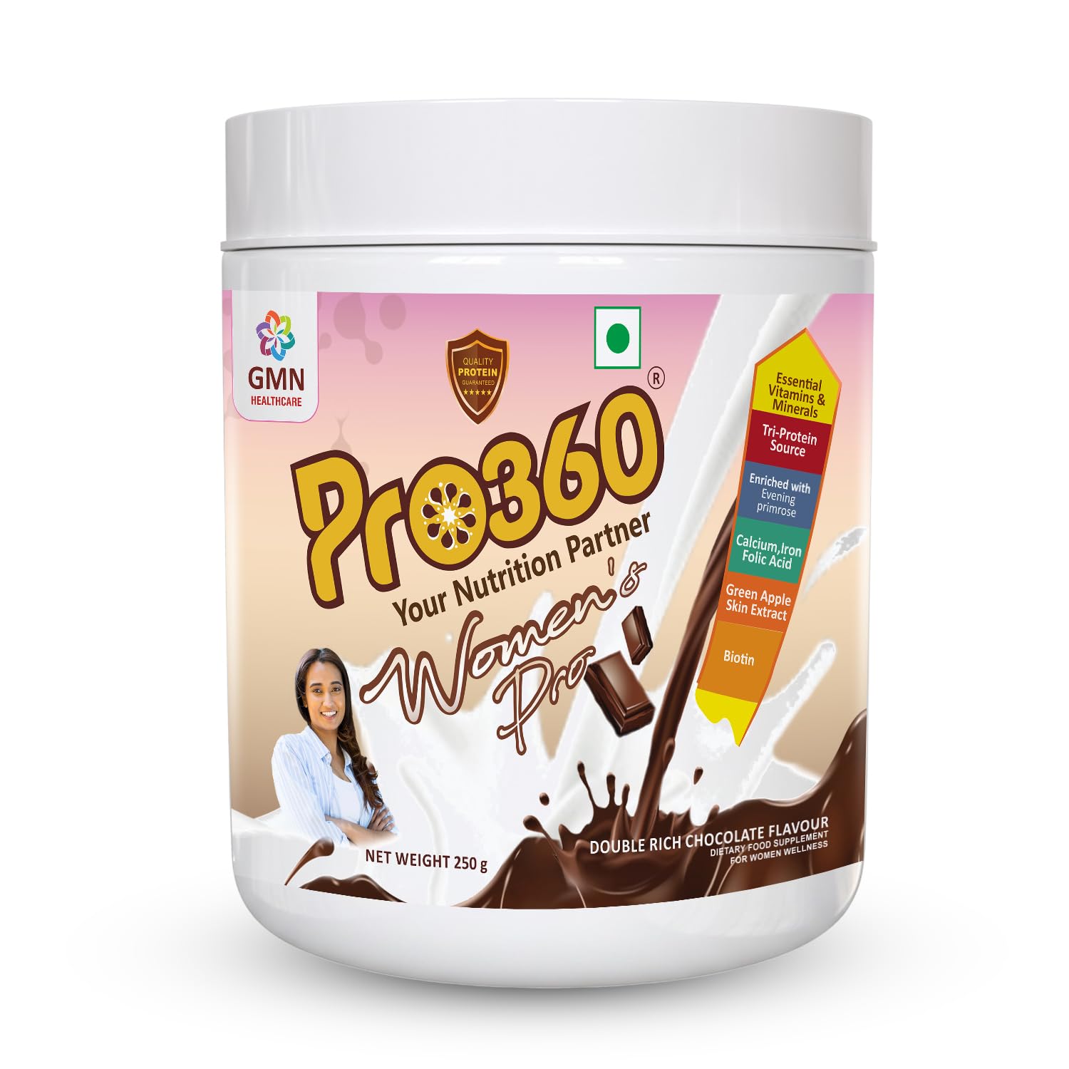 Pro360 Women's Pro Protein Powder Nutritional Supplement with Calcium, Iron, Evening Primrose for Overall Women Wellness – Double Rich Chocolate Flavor 250G (Pack of 1)