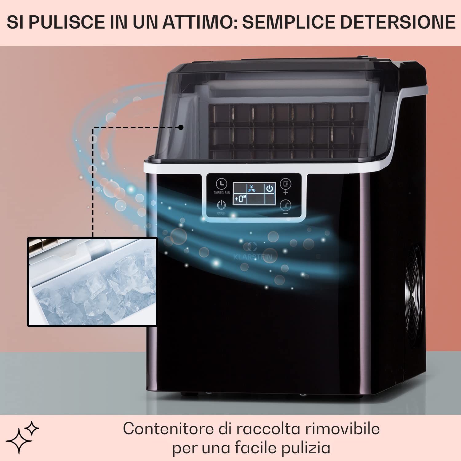 Klarstein Piccola macchina per il ghiaccio, macchina per il ghiaccio da banco per la casa e la cucina, capacità 3.2L, funzionamento veloce, fa 20kg di ghiaccio, proiettili grandi e piccoli, macchina