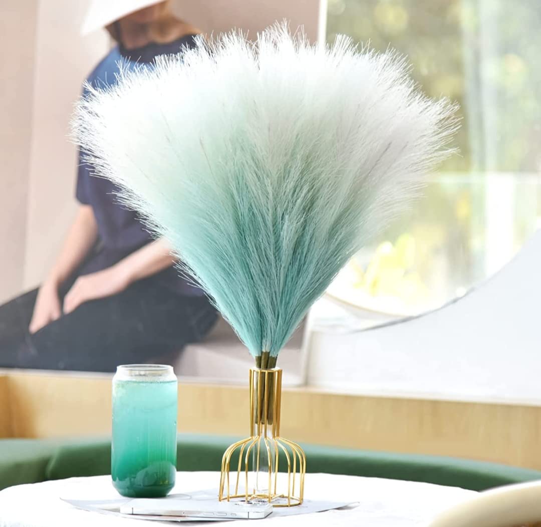 VRB Dec™ (Pack of 3 Faux Pampas Grass Small Fluffy Artificial Flowers | Faux Flowers for Vases | Decoration Items for Living Room Vase Office, Bedroom, Balcony Table, Diwali (Shaded Blue)
