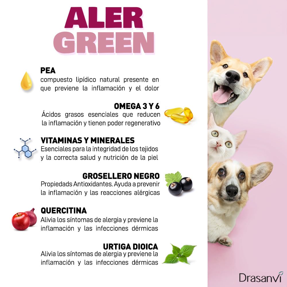 Drasanvi AlerGreen para Perros y Gatos | Solución Oral 250 ml Natural para Alergias, Picor e Inflamación | Omega 3 y 6 Quercetina y PEA | Cuidado Especial de la Piel Sensible con Jeringa Dosificadora