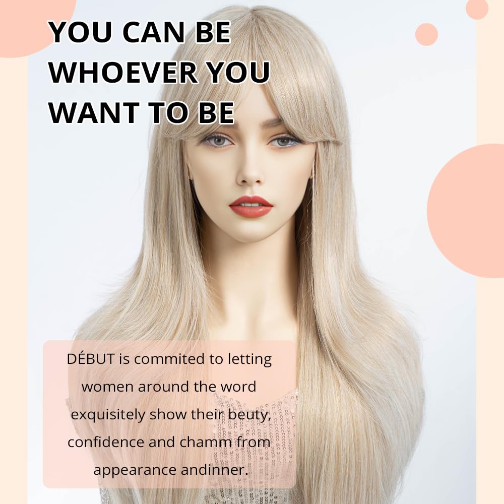 DÉBUT Long White Wig With Fringe for Women Heat Resistant Synthetic Layered Hair Wigs With Highlights for Daily Party Cosplay Use(26 inches - Image 4