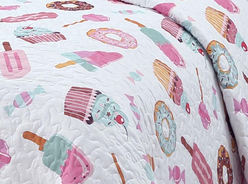 Kidz Zone Collection Bedspread Set Kids/Teens Sweet Treats Kids Bedding Set, White with Pink Donuts and Ice Cream Print Twin New # Donuts