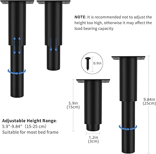 Miniatura 3 de 4 patas ajustables para muebles, de 5.9 a 9.8 pulgadas, metal para gabinete, sofá, cama y mesa, color negro