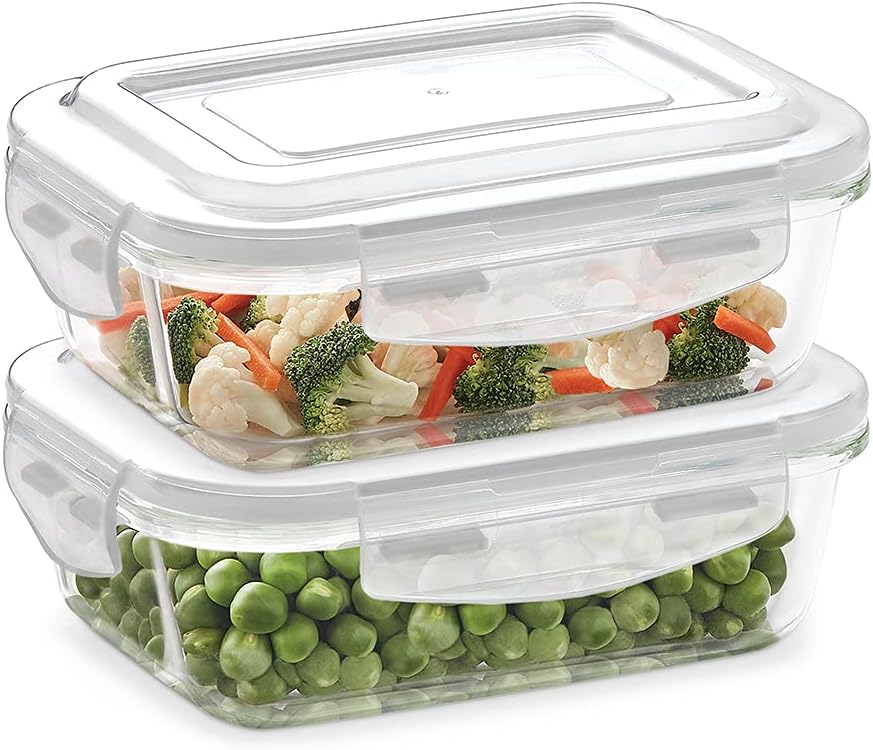 Borosil Klip N Store Glass Storage Containers For Kitchen With Air-Tight Lids, Microwave & Oven Safe, Rectangular, Set of 2 (640 ml, 640 ml), Clear