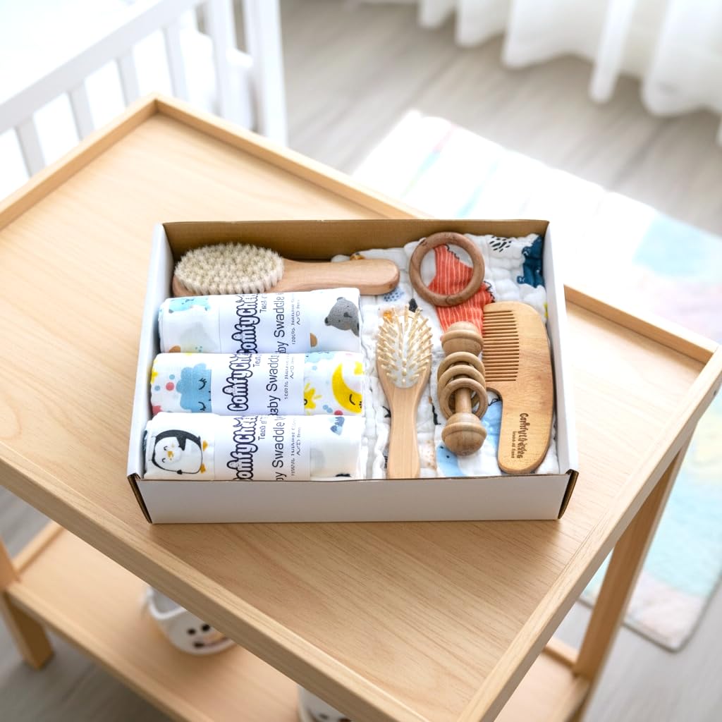 Comfy Cheeks Baby Essentials Gift Set – 3 Soft Cotton Swaddles, 2 Gentle Face Napkins, BPA-Free Rattle & Ergonomic Comb – Complete Newborn Care Kit for Boys & Girls, Ideal Baby Shower Gift-image-38
